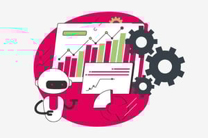 A robot in front of statistics and three gears