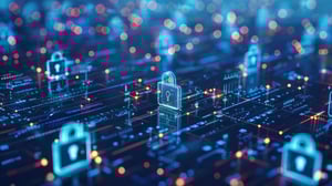 A digital visualization of glowing padlocks on a circuit board, representing Pinja's cybersecurity and data protection expertise.