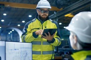 Man wearing safety gear and glasses looking at tablet