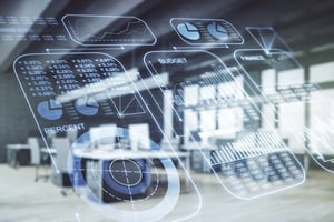 kaksoisvalotus – abstrakti – virtuaalinen – tilastot – data – hologrammi – moderni – yritystoimisto – tausta – tilastot – analytiikka – käsite