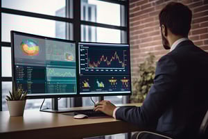 Person som tittar på två skärmar med många analyser och rapporter synliga.