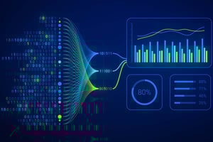 En abstrakt digital visualisering av databehandling, med binär kod som flödar in i olika färgglada diagram, grafer och procentindikatorer på en mörkblå bakgrund.