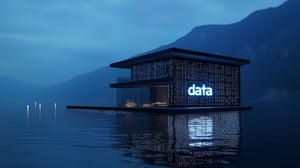 En modern arkitektonisk byggnad som föreställer ett datahus, upplyst med ordet 